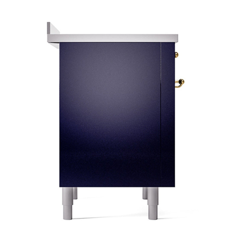 Midnight blue induction range side panel with two brass hinges and cabinet legs