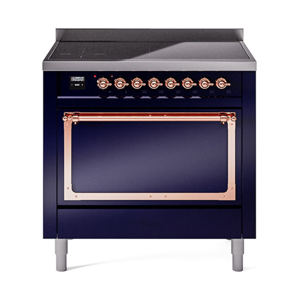 Midnight blue induction range with closed oven door and copper handle accents