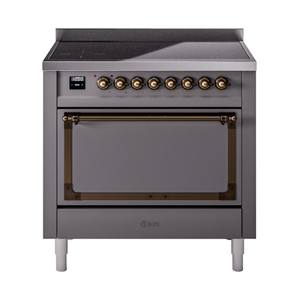 Matte graphite induction range with bronze-trim oven door window and front controls