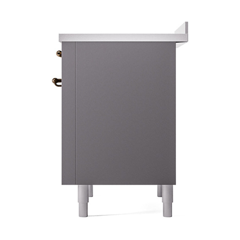 Matte graphite induction range rear panel with bronze side connectors and gray legs