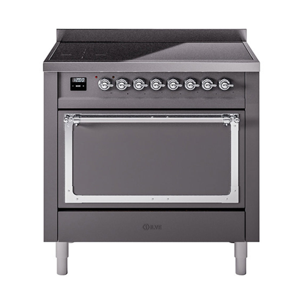 Matte graphite induction range with closed oven door, chrome handle and control panel