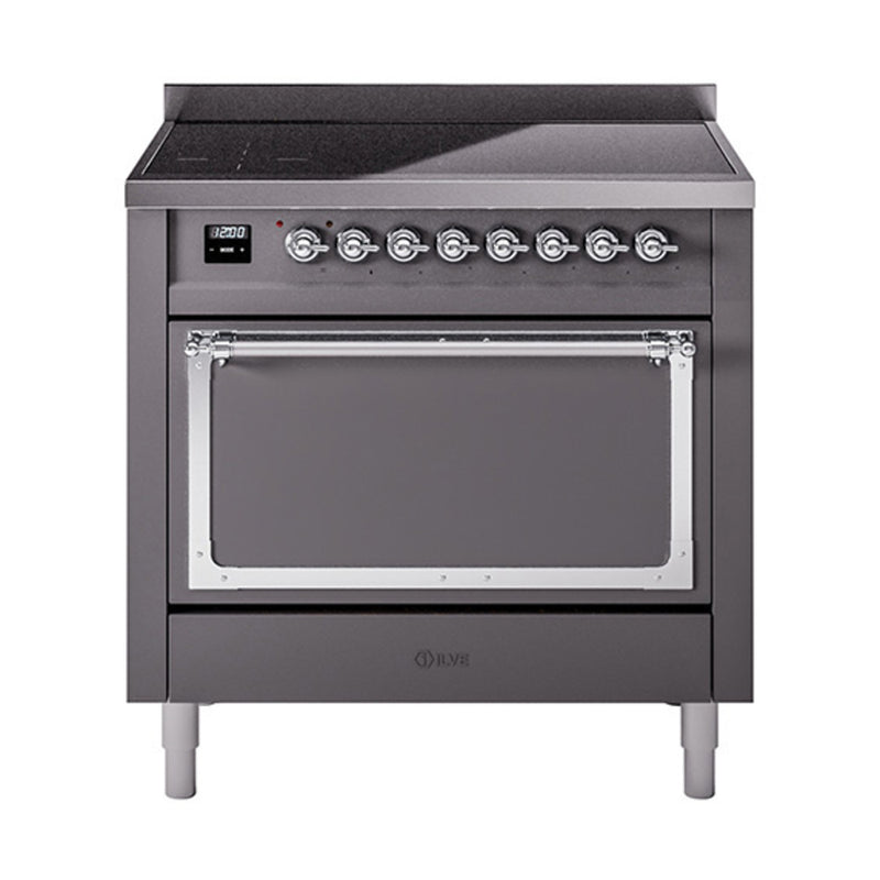 ILVE Nostalgie II Noblesse 36-Inch Induction Range with Solid Door in Matte Graphite with Chrome Trim (UNI366QNMPMGC)