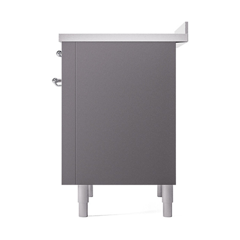 Matte graphite range side view with chrome knobs and adjustable legs