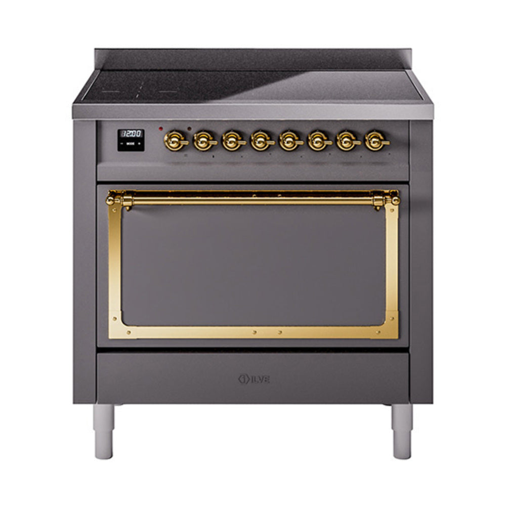 Matte graphite induction range with closed solid door, brass handle, control panel