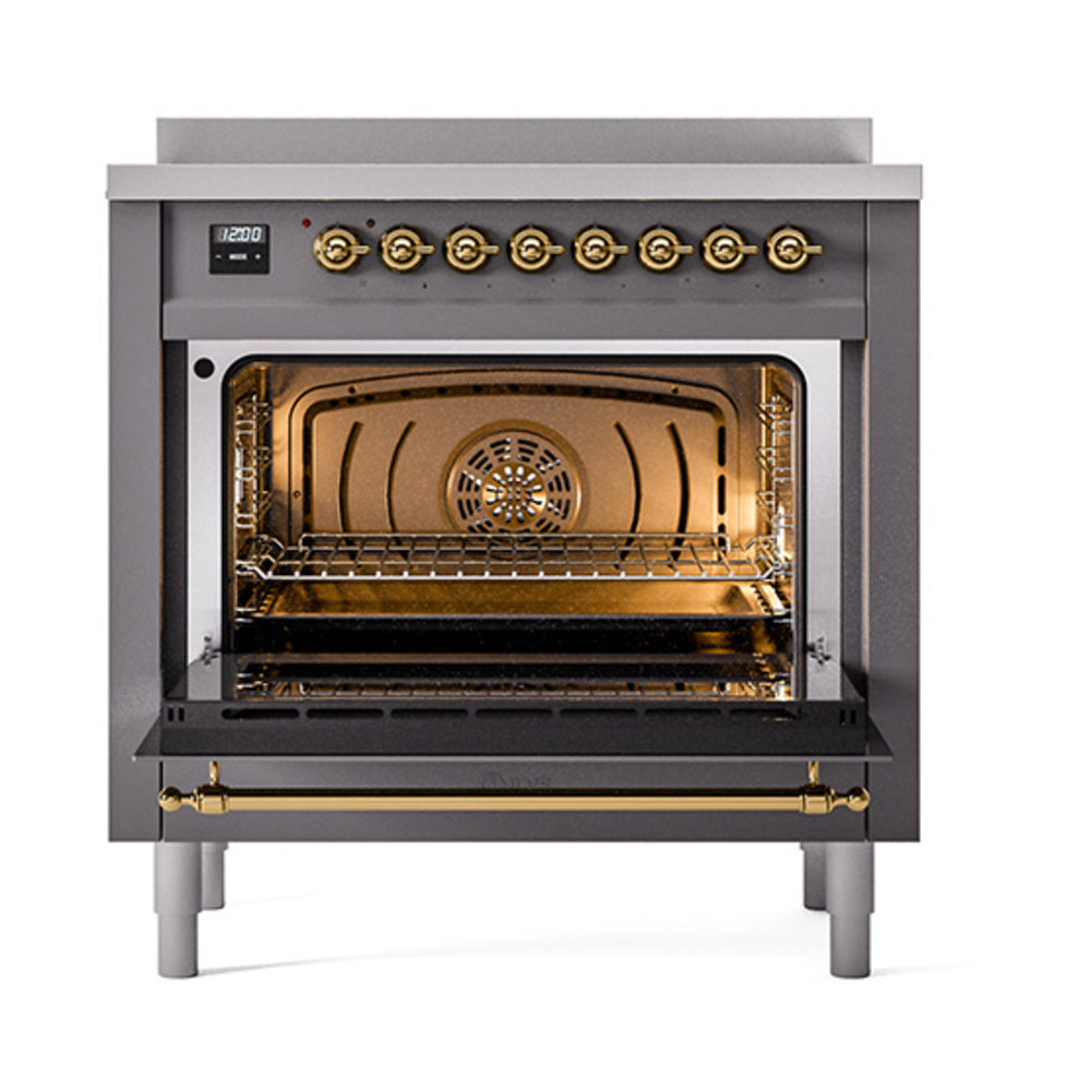 Matte graphite induction range with open oven door, brass trim, visible rack inside