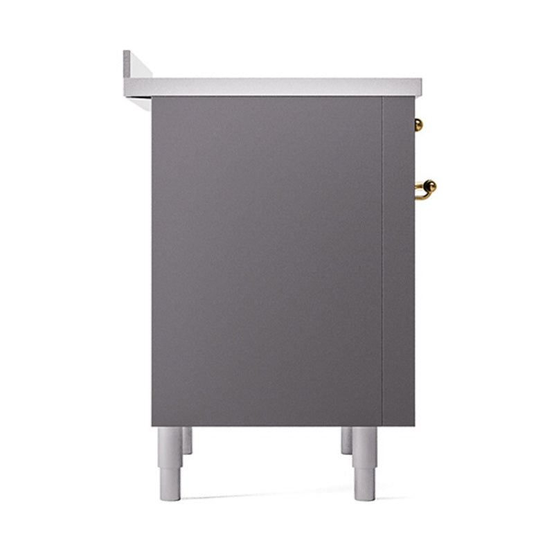 Matte graphite side panel of 36-inch induction range with copper handle accents