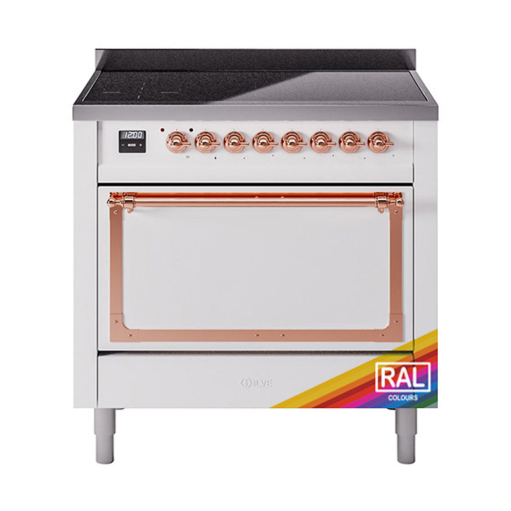 ILVE induction range with open oven door and copper-trim oven frame