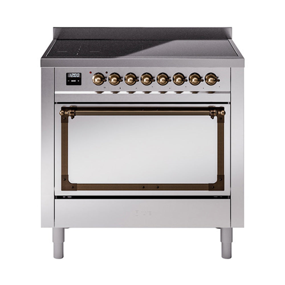 ILVE Nostalgie II induction range with closed oven door, bronze control knobs and stainless steel