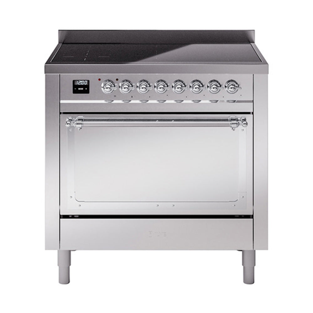 Stainless steel induction range with solid door and control panel across the front