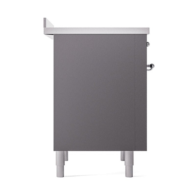 Stainless steel oven side panel with solid door, chrome handles, and leveling legs