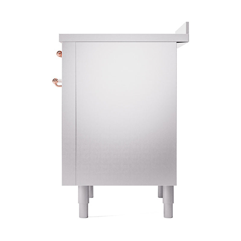 Stainless steel side panel of induction range with copper accent handles and legs