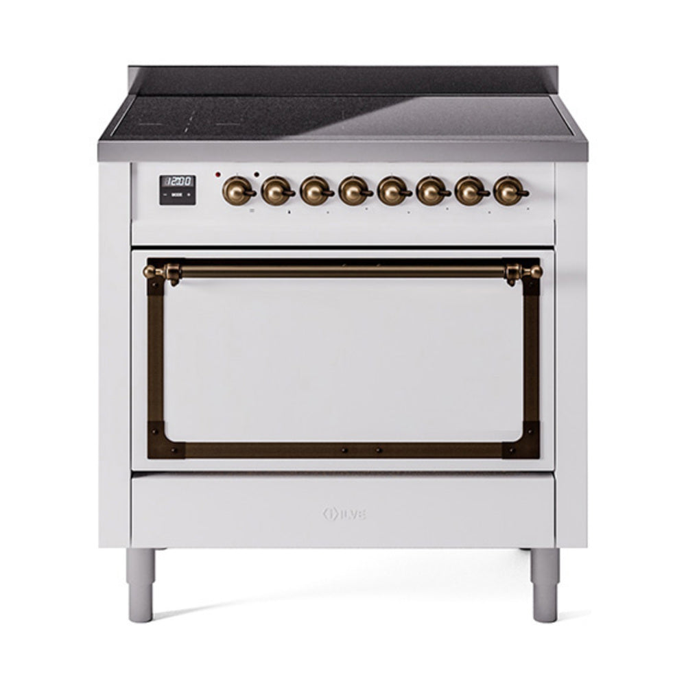 White freestanding induction range with bronze-trimmed solid oven door and control panel