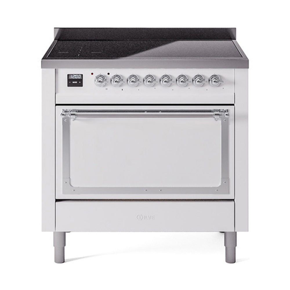 White induction range front with chrome handle, control knobs, and closed oven door