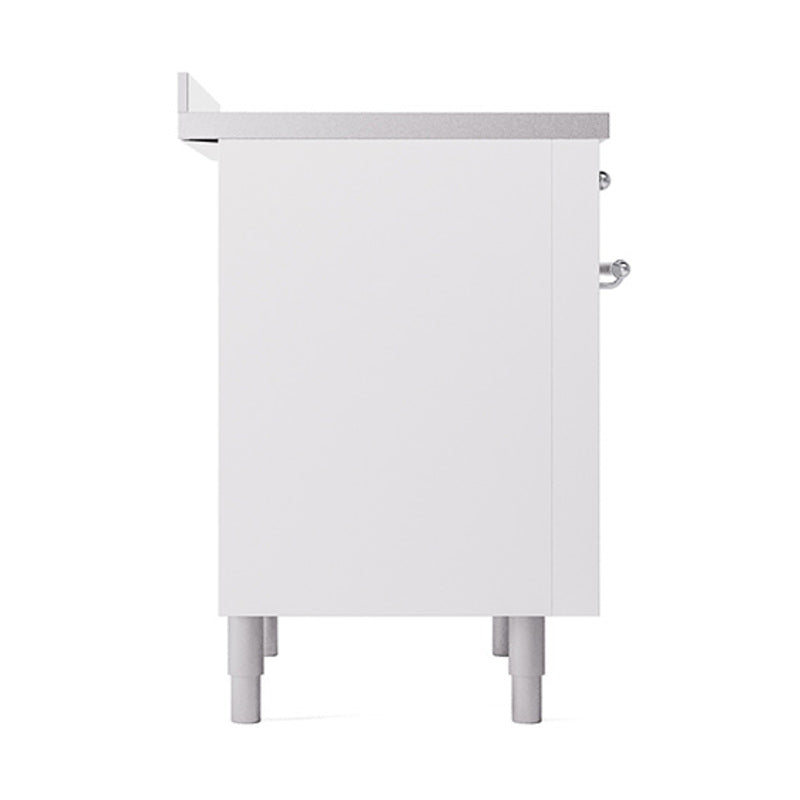 White induction range side view with vertical door seam and leveling legs
