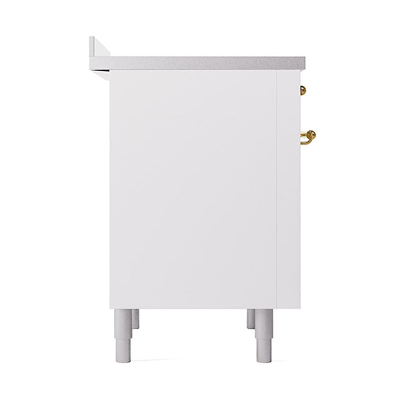 White solid door panel with brass hinge hardware and gray top rail on range