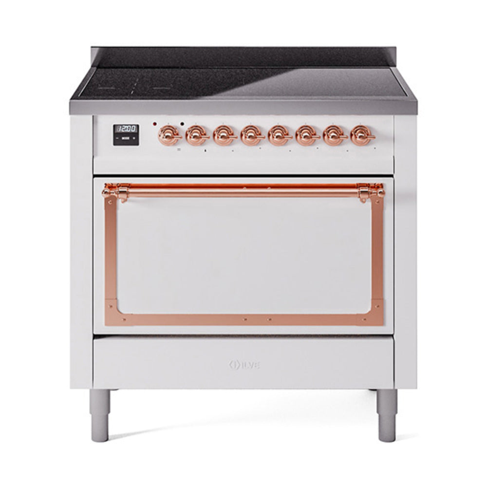 White 36-inch induction range with copper-trim control panel and open oven door