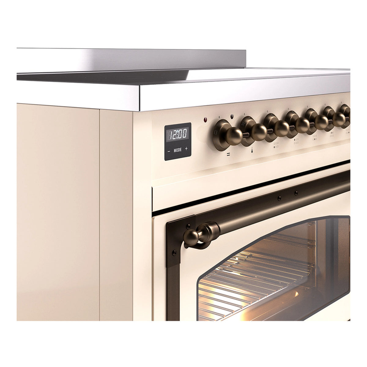 Antique white induction range with bronze control knobs and oven window, close-up