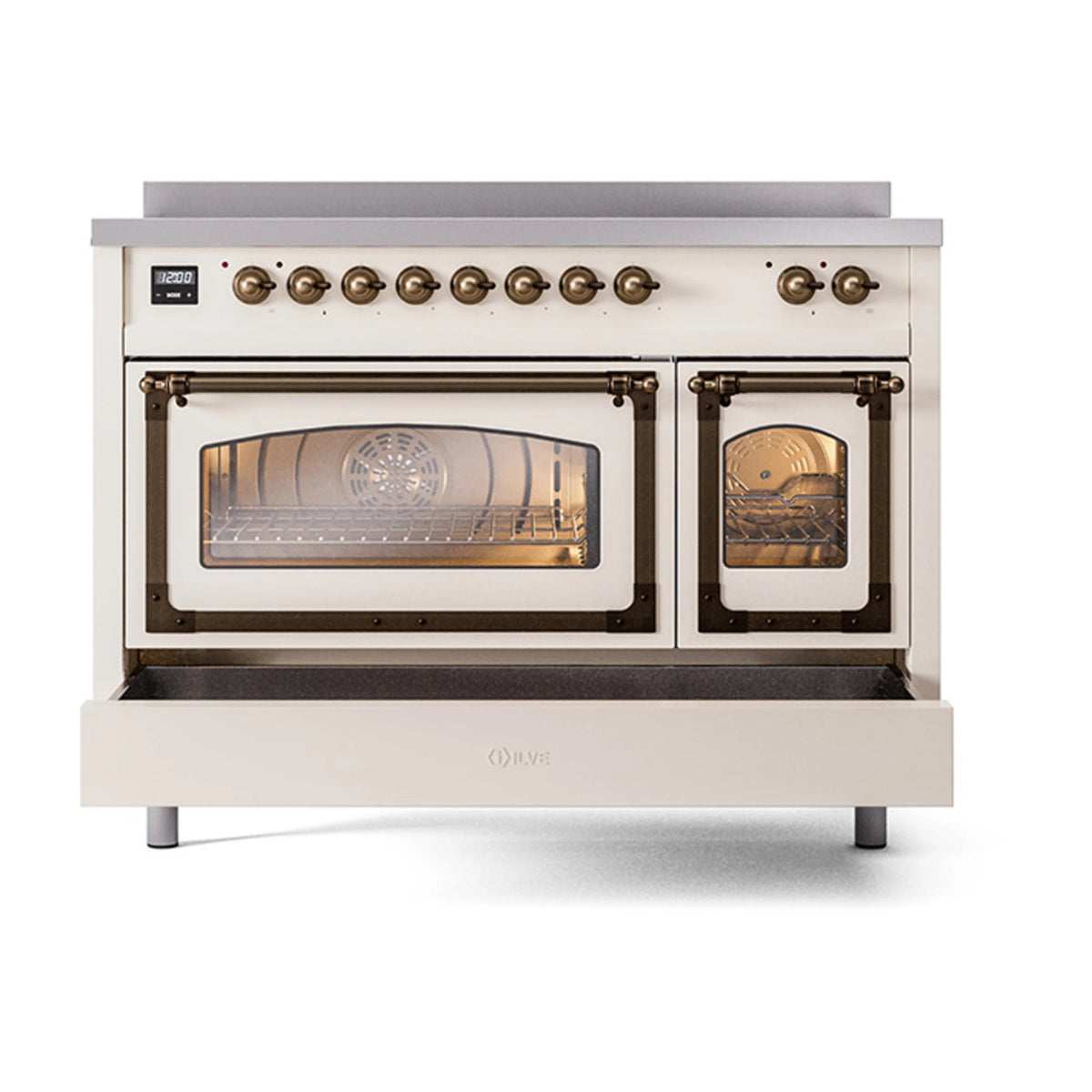 Antique white induction range with open triple glass doors and bronze trim