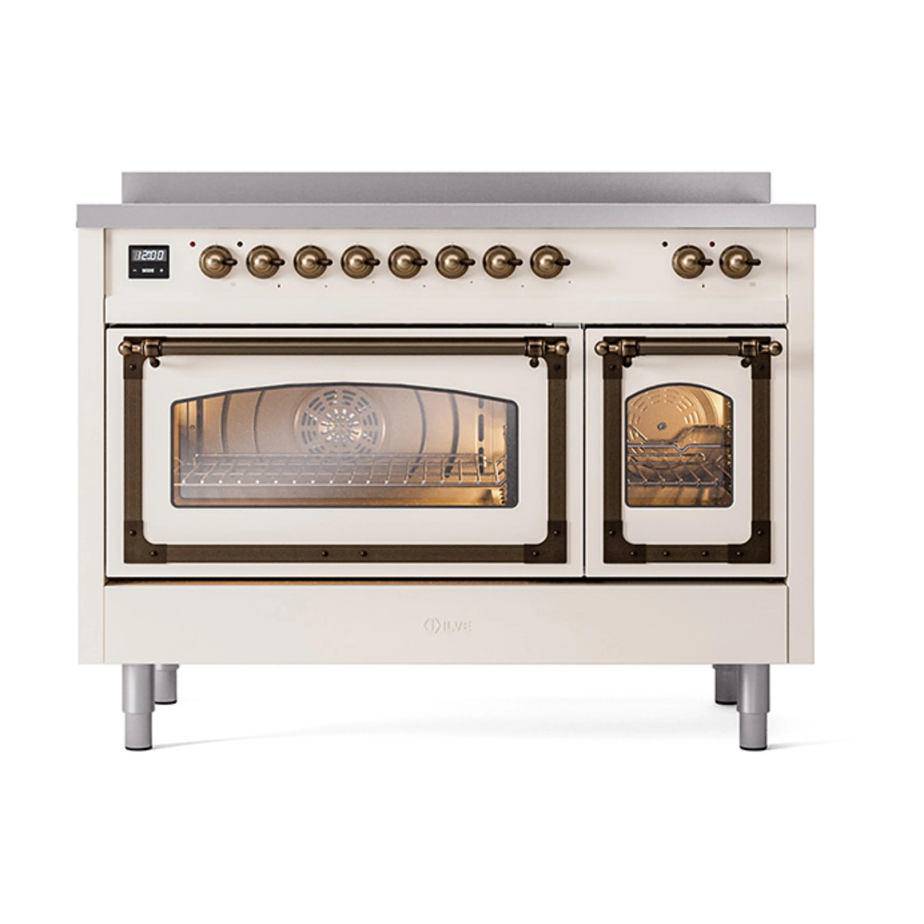 Antique white induction range with bronze-trimmed triple glass oven doors, centered front view