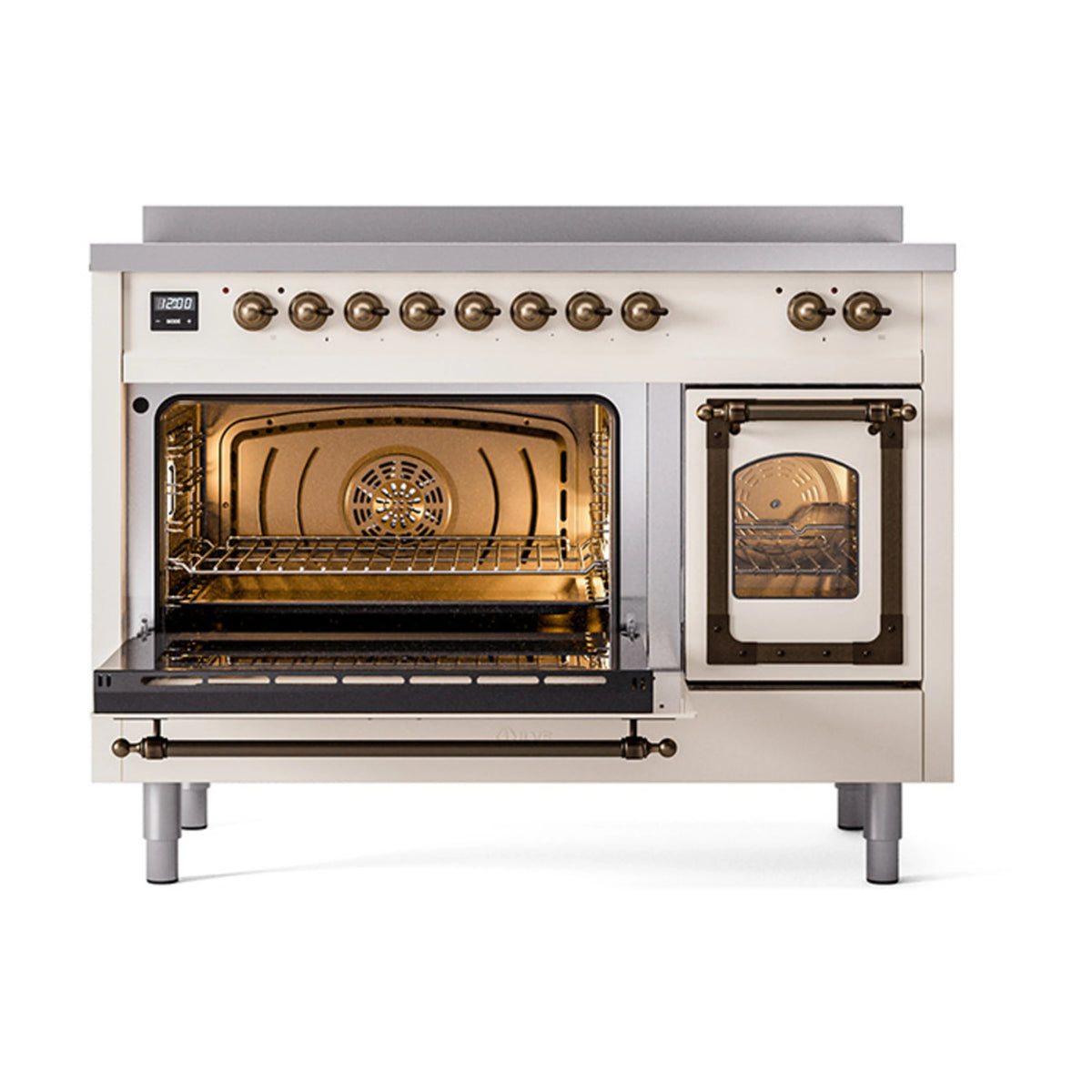Antique white induction range with open oven cavity, bronze-trimmed triple glass doors