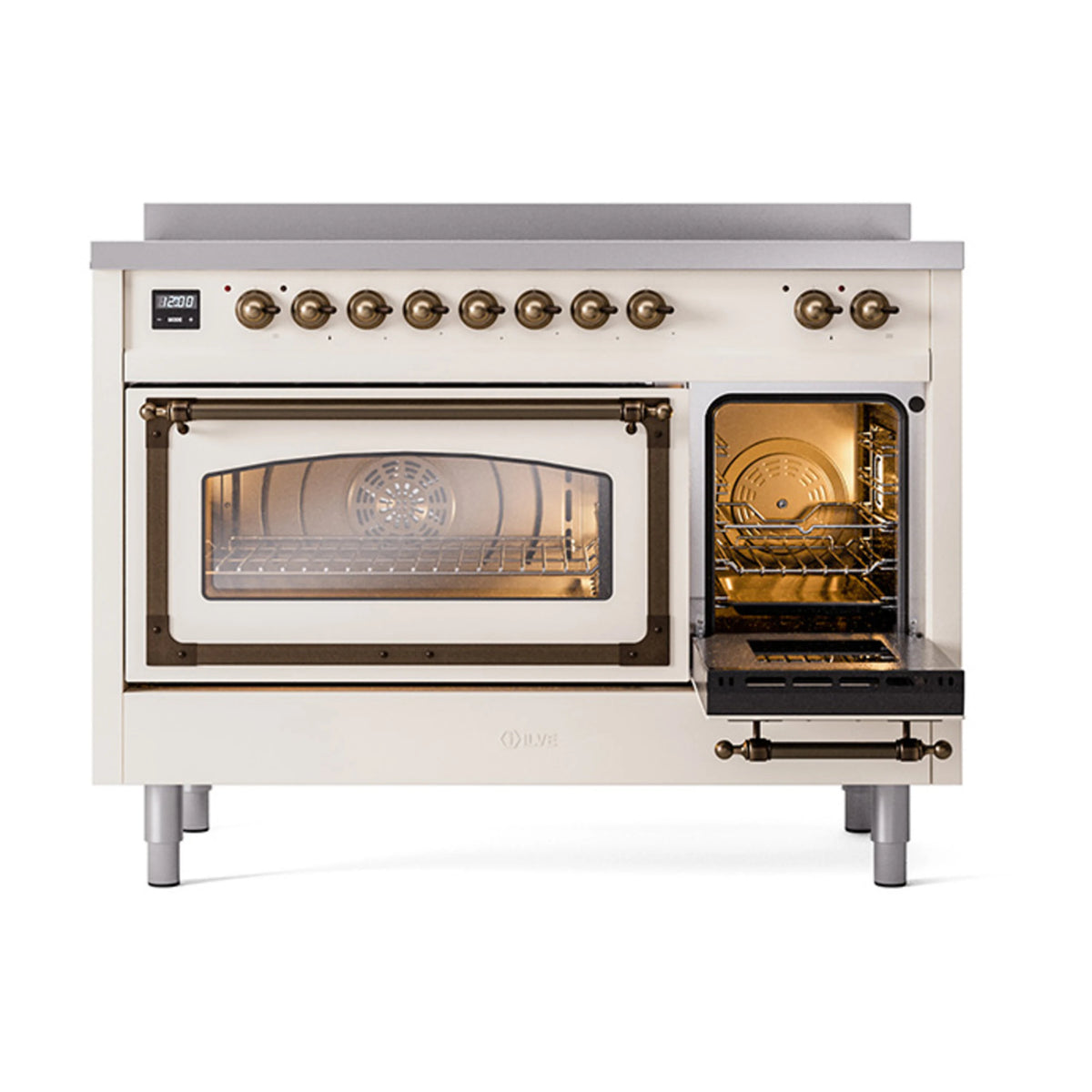 Antique white induction range with bronze-trimmed triple glass oven doors, side view with racks