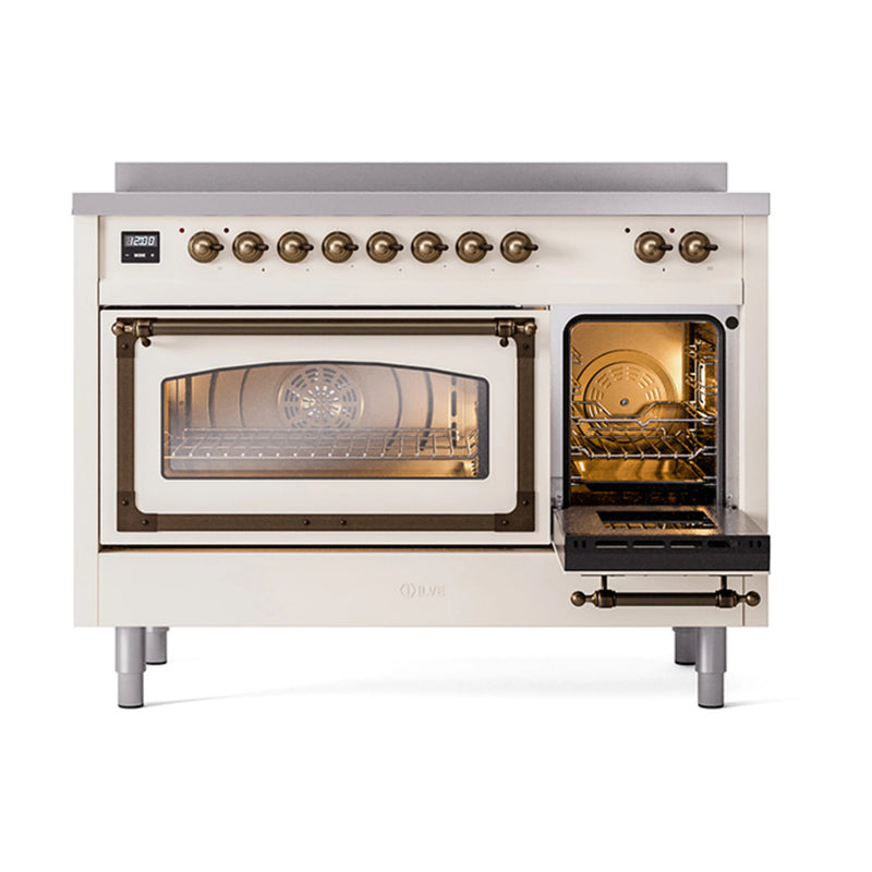 ILVE Nostalgie II Noblesse 48-Inch Induction Range with Triple Glass Door in Antique White with Bronze Trim (UNI486NMPAWB)