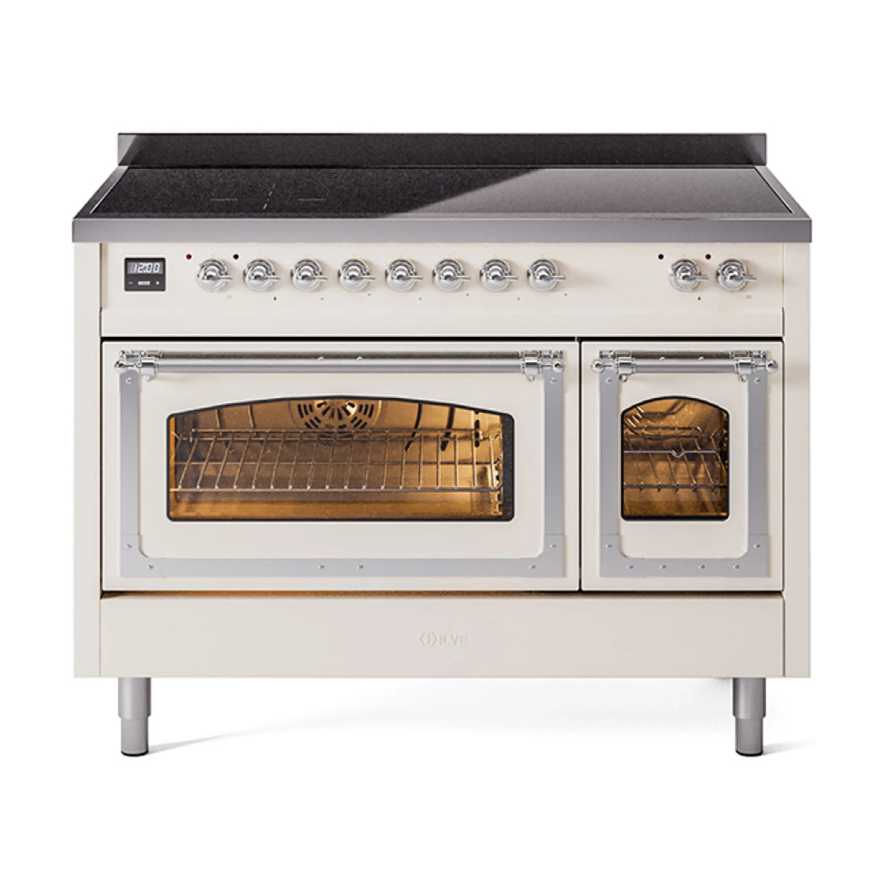 Antique white induction range with both oven doors open, glowing interior with racks.
