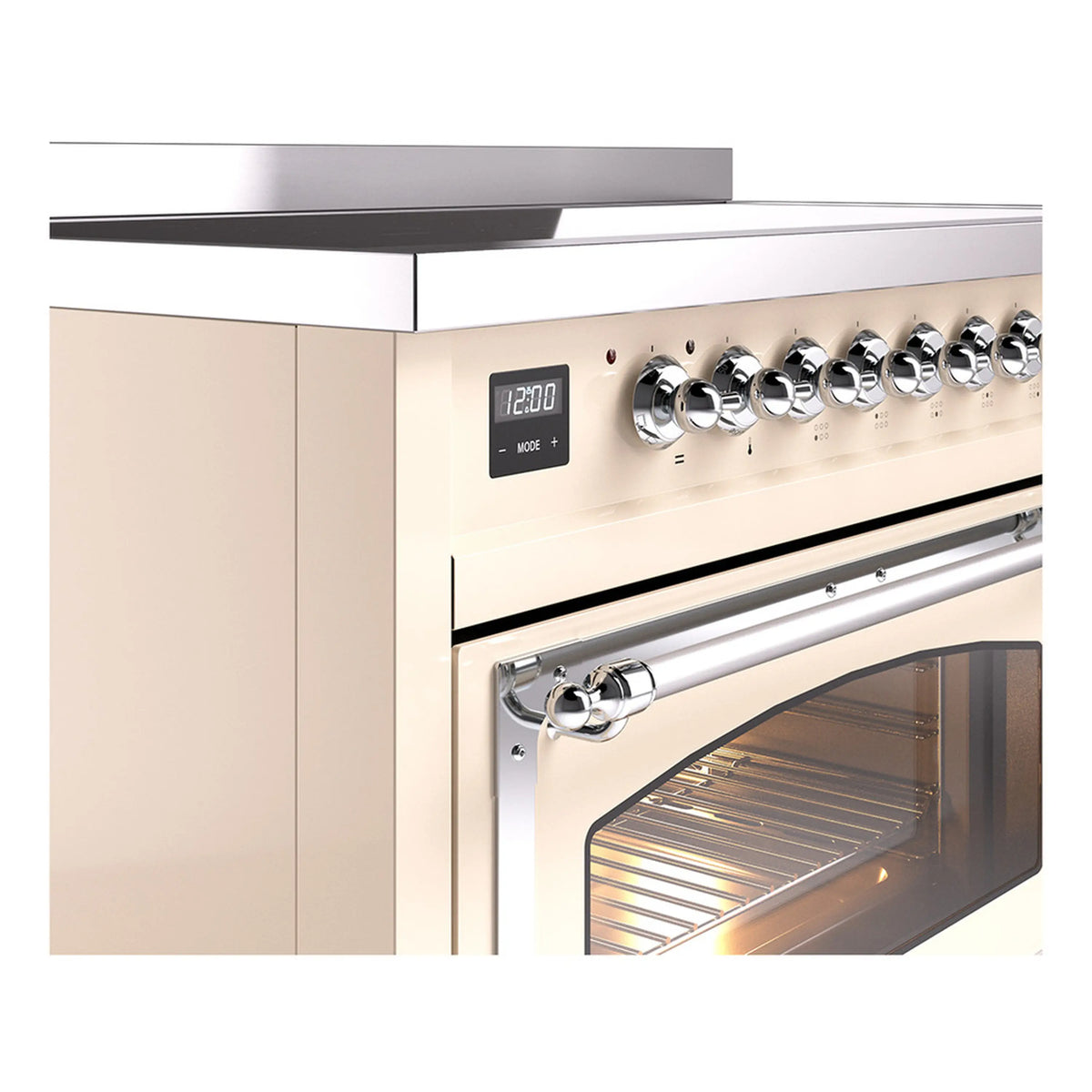 Induction range control panel with chrome knobs above a glass oven door.