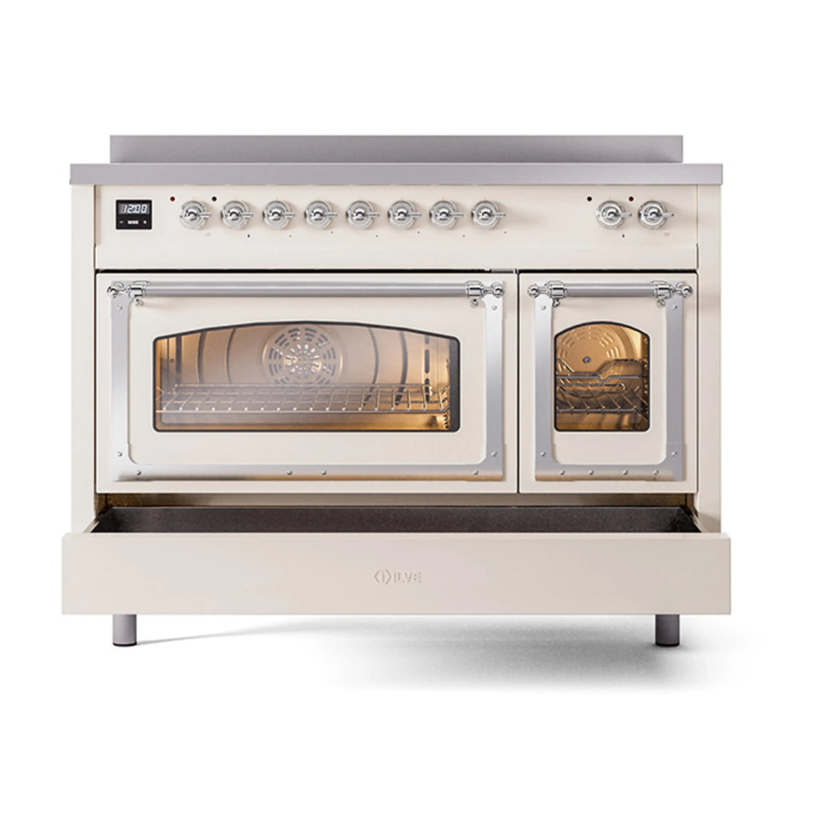 Antique white induction range with both oven doors open, triple glass windows visible.