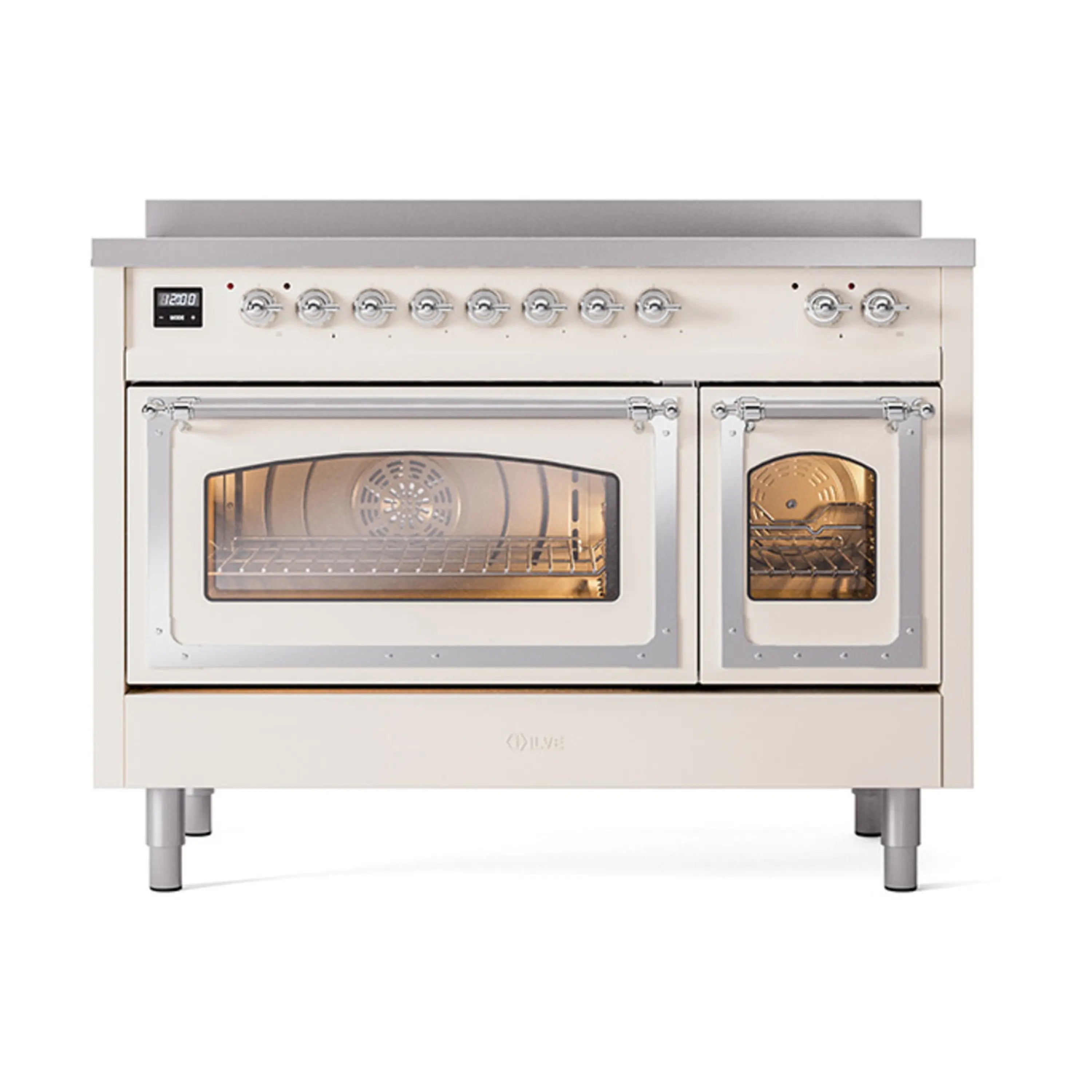 Antique white induction range with one large oven and one smaller compartment open, chrome trim.