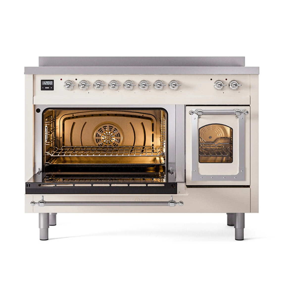 Antique white induction range with triple glass oven doors, chrome trim, and control knobs.