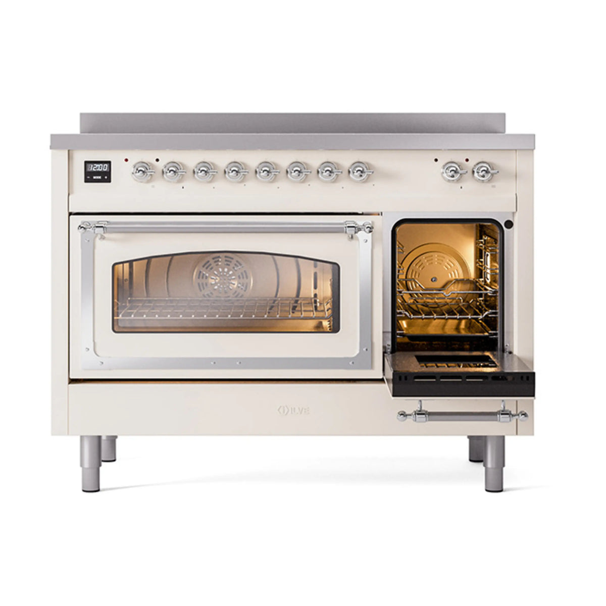 Antique white induction range with one oven door and one smaller door open, chrome trim.
