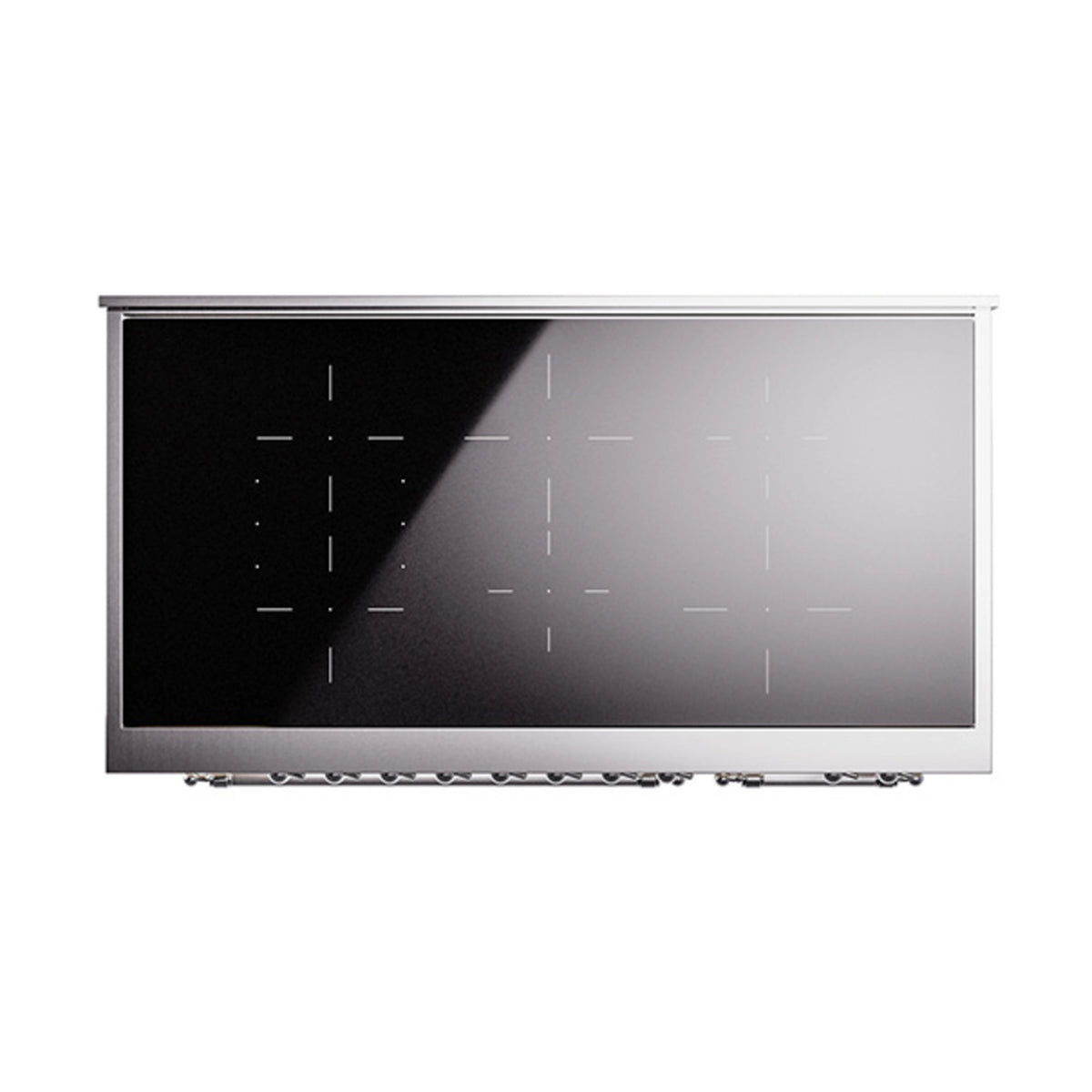 Induction range front panel with black glass and light button/indicator markings.