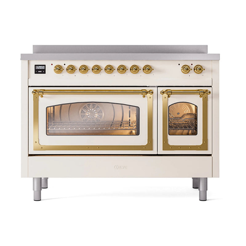 ILVE Nostalgie II Noblesse 48-Inch Induction Range with Triple Glass Door in Antique White with Brass Trim (UNI486NMPAWG)