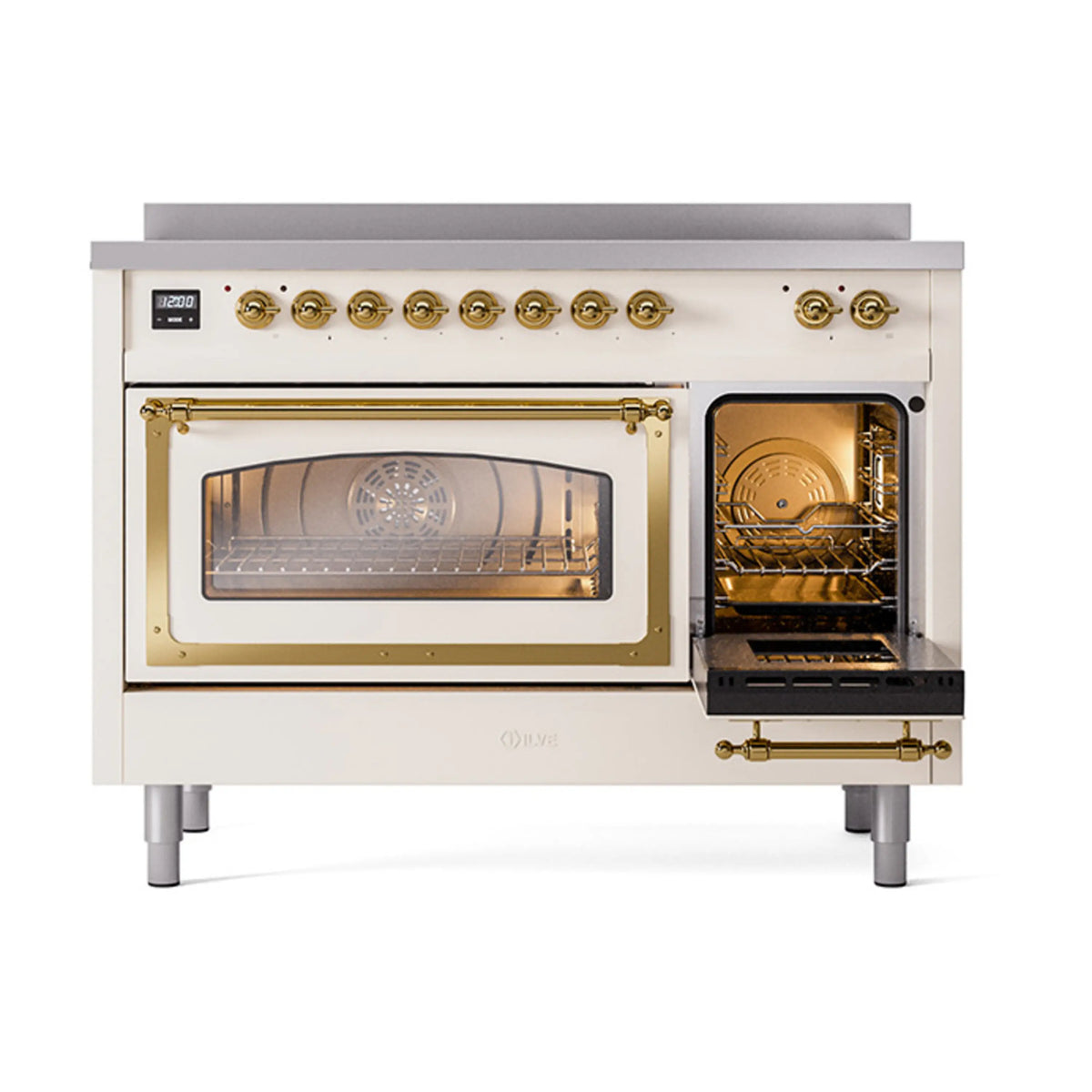 Antique white induction range with brass trim, left oven door closed, right oven open.
