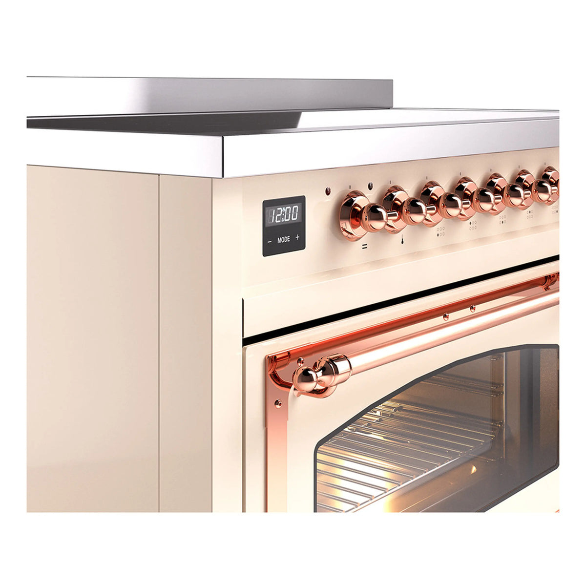 Close-up of antique white range control panel and copper handle; oven door edge visible