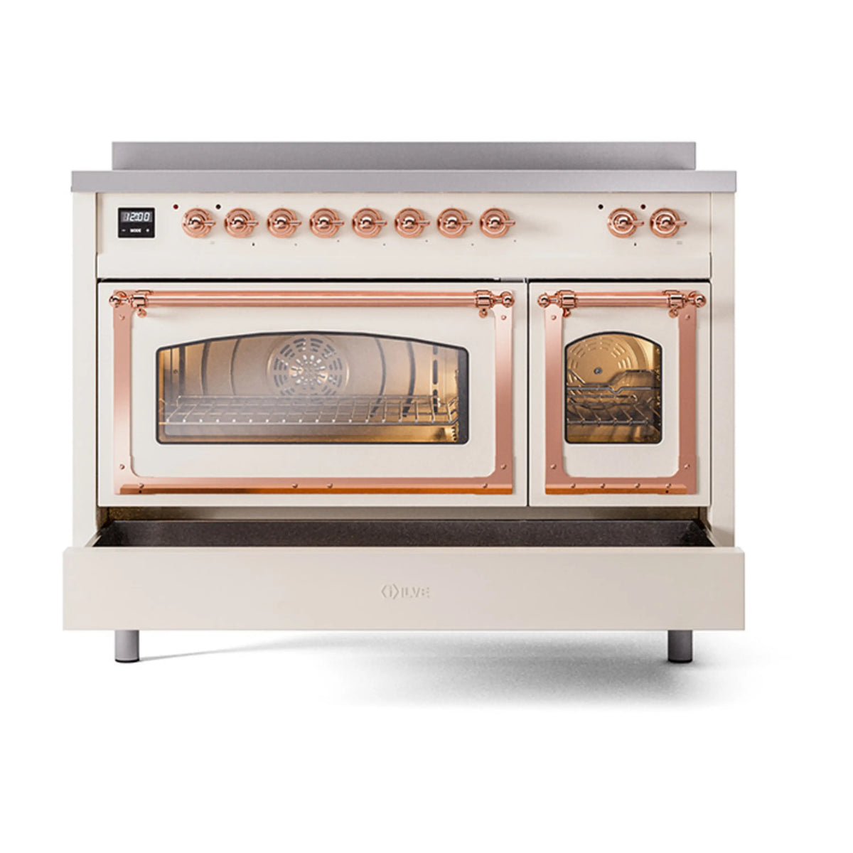 Antique white induction range with copper trim; both oven doors closed and glass windows