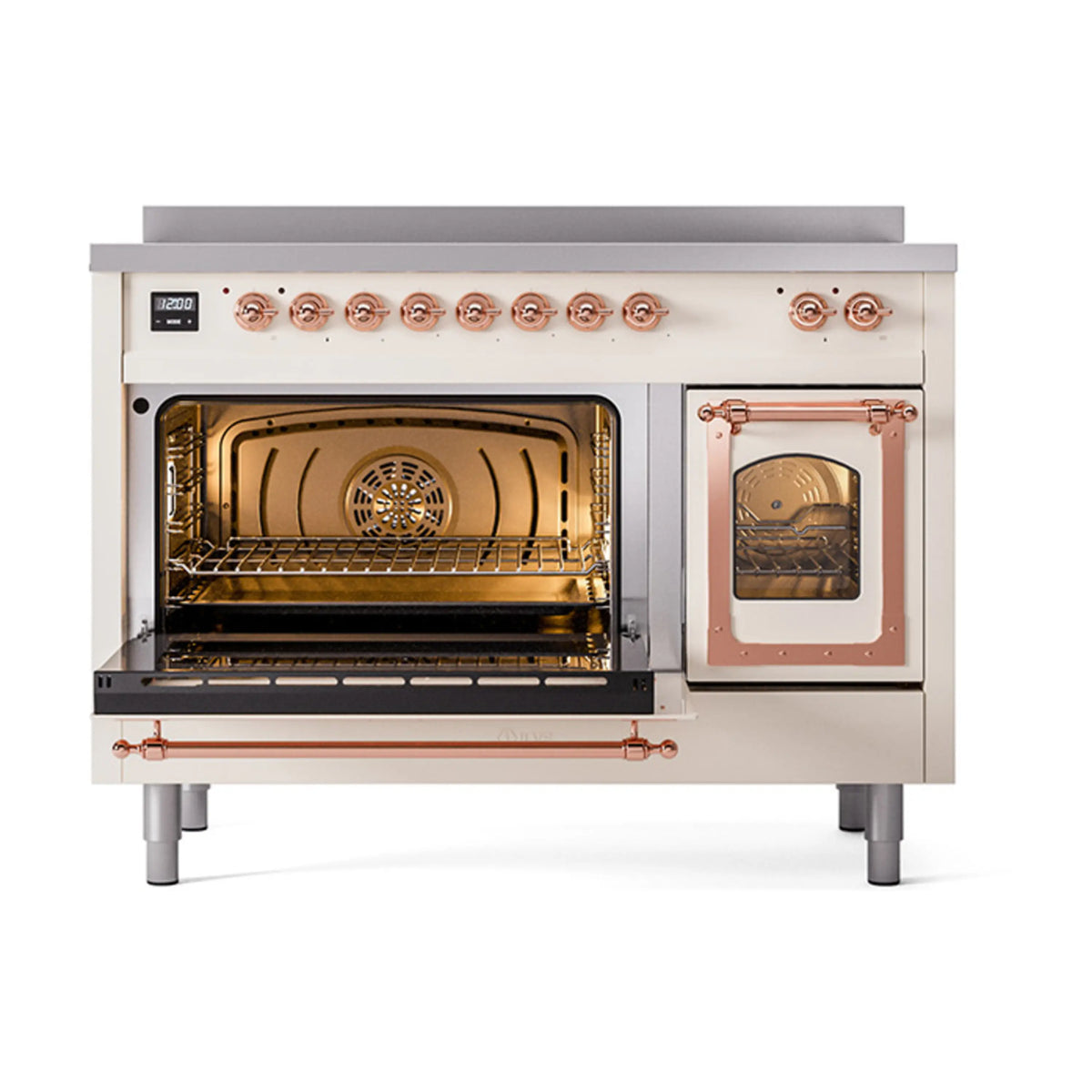 Antique white induction range with copper trim; oven door open showing interior racks