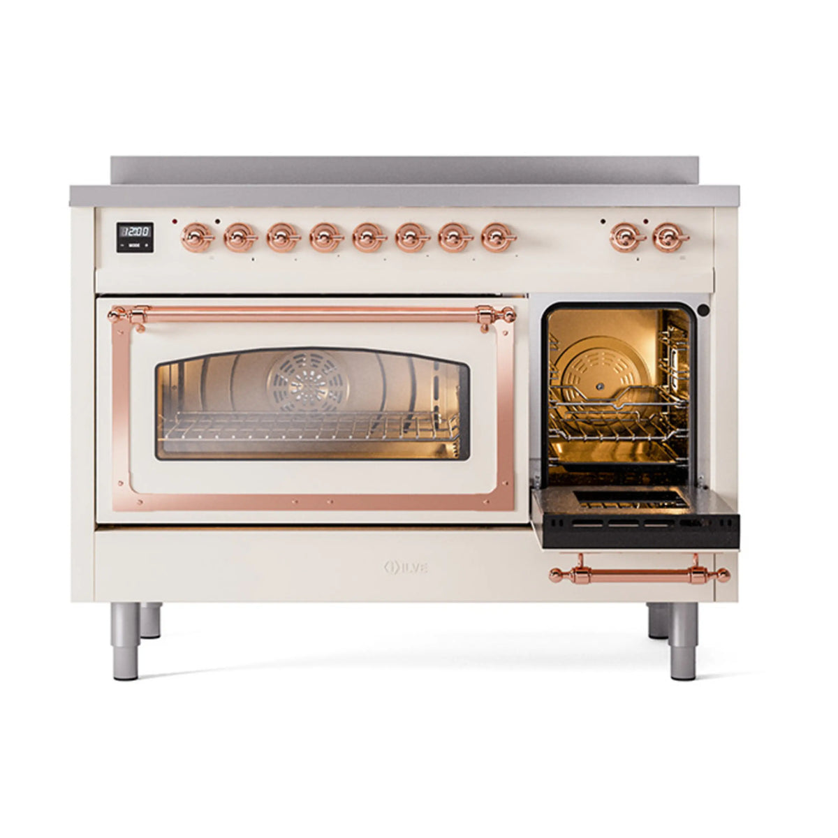 Antique white induction range with copper trim; left oven door open, right door open