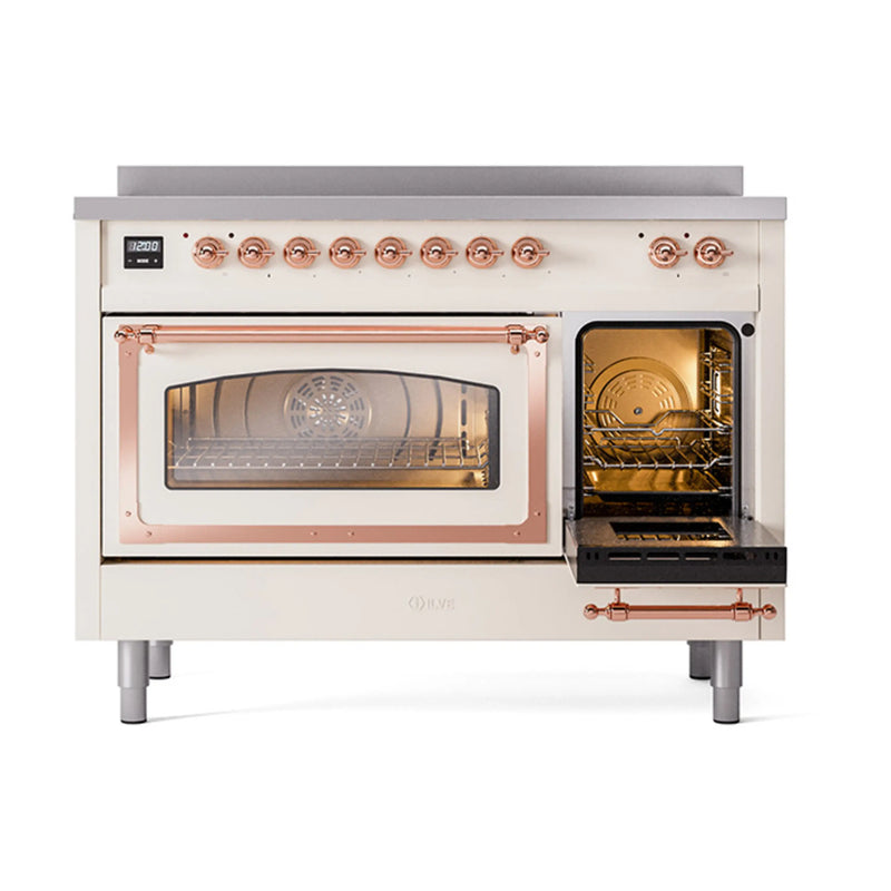 ILVE Nostalgie II Noblesse 48-Inch Induction Range with Triple Glass Door in Antique White with Copper Trim (UNI486NMPAWP)