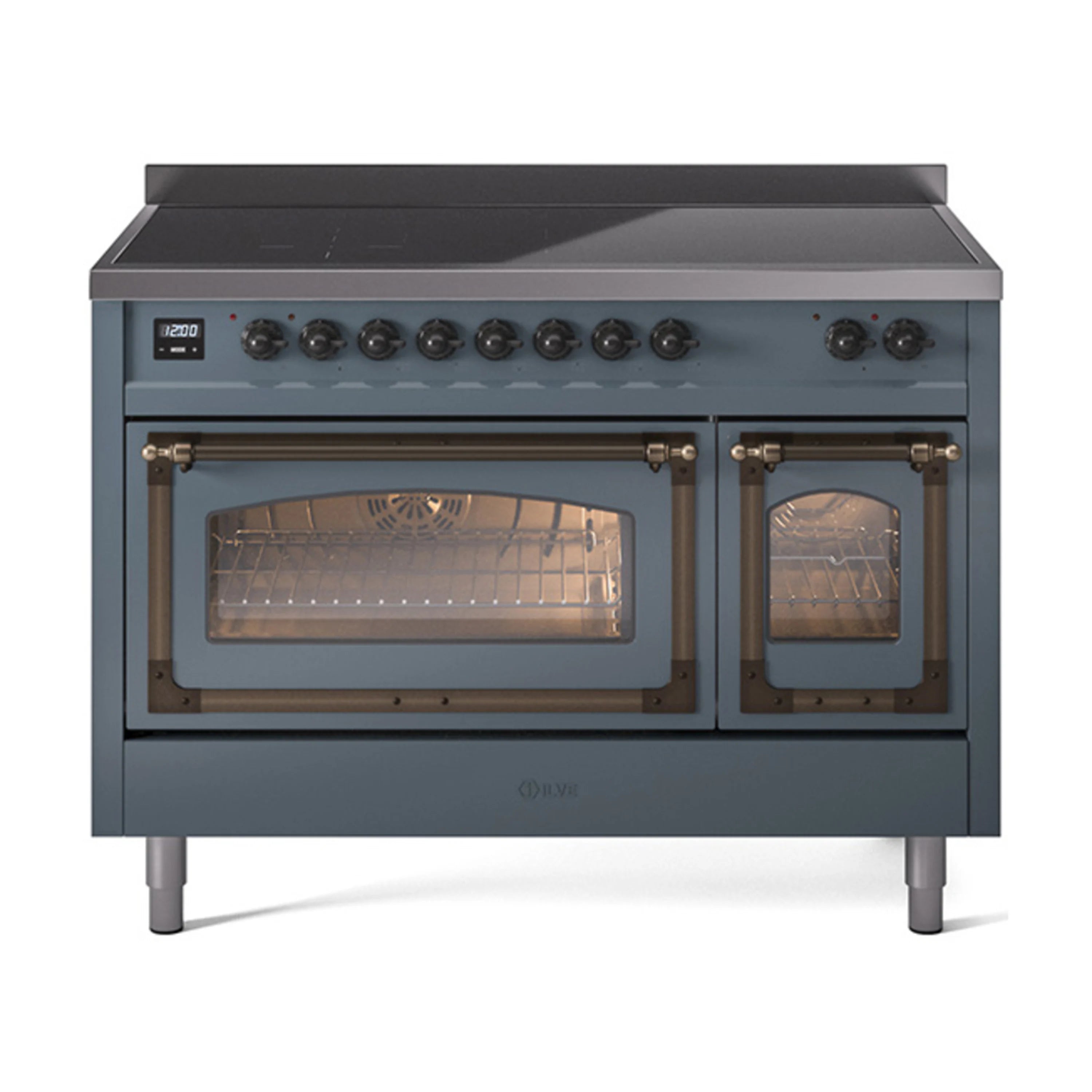 Blue-grey 48-inch induction range front with bronze-trimmed triple glass oven doors