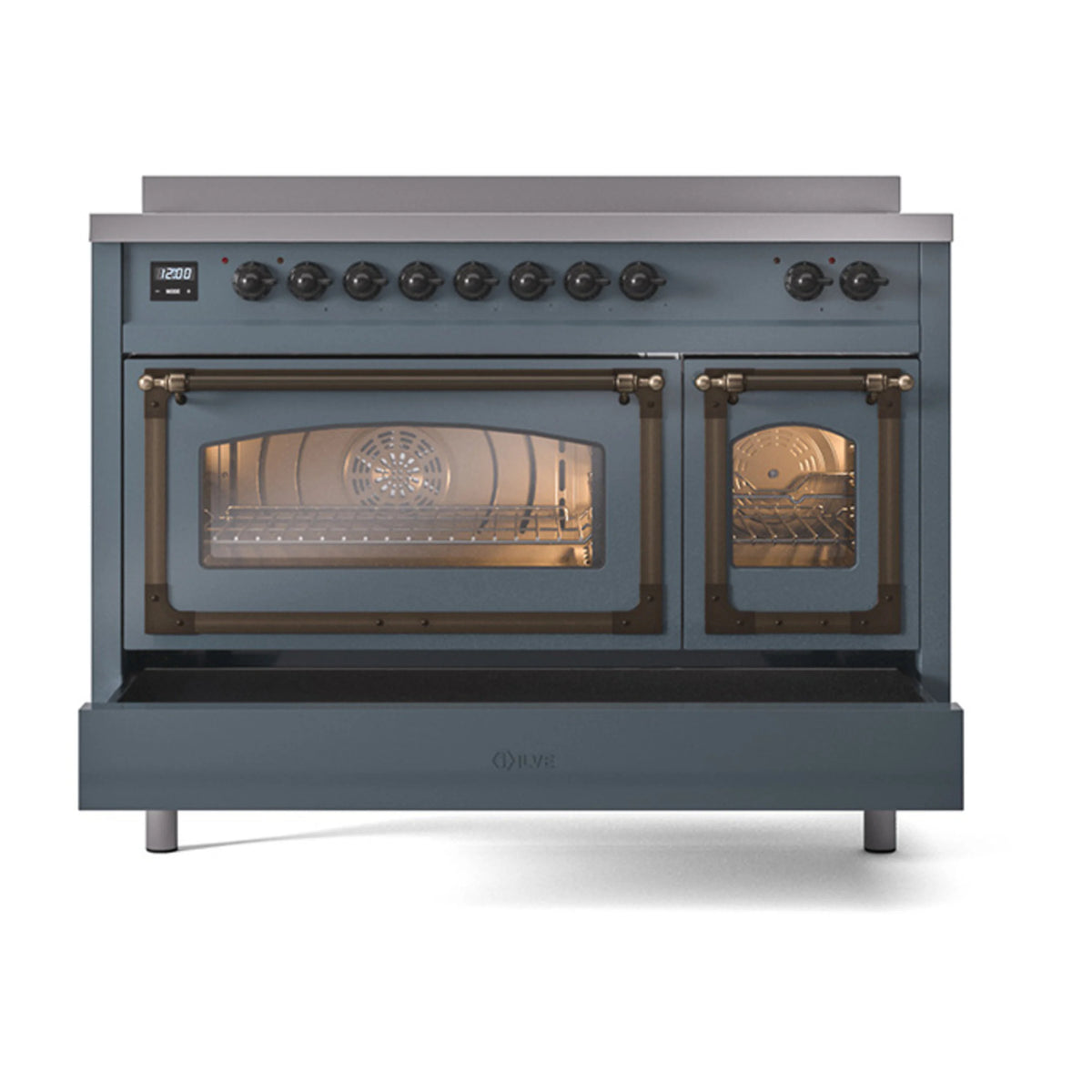 Blue-grey induction range with open triple glass oven doors and interior racks