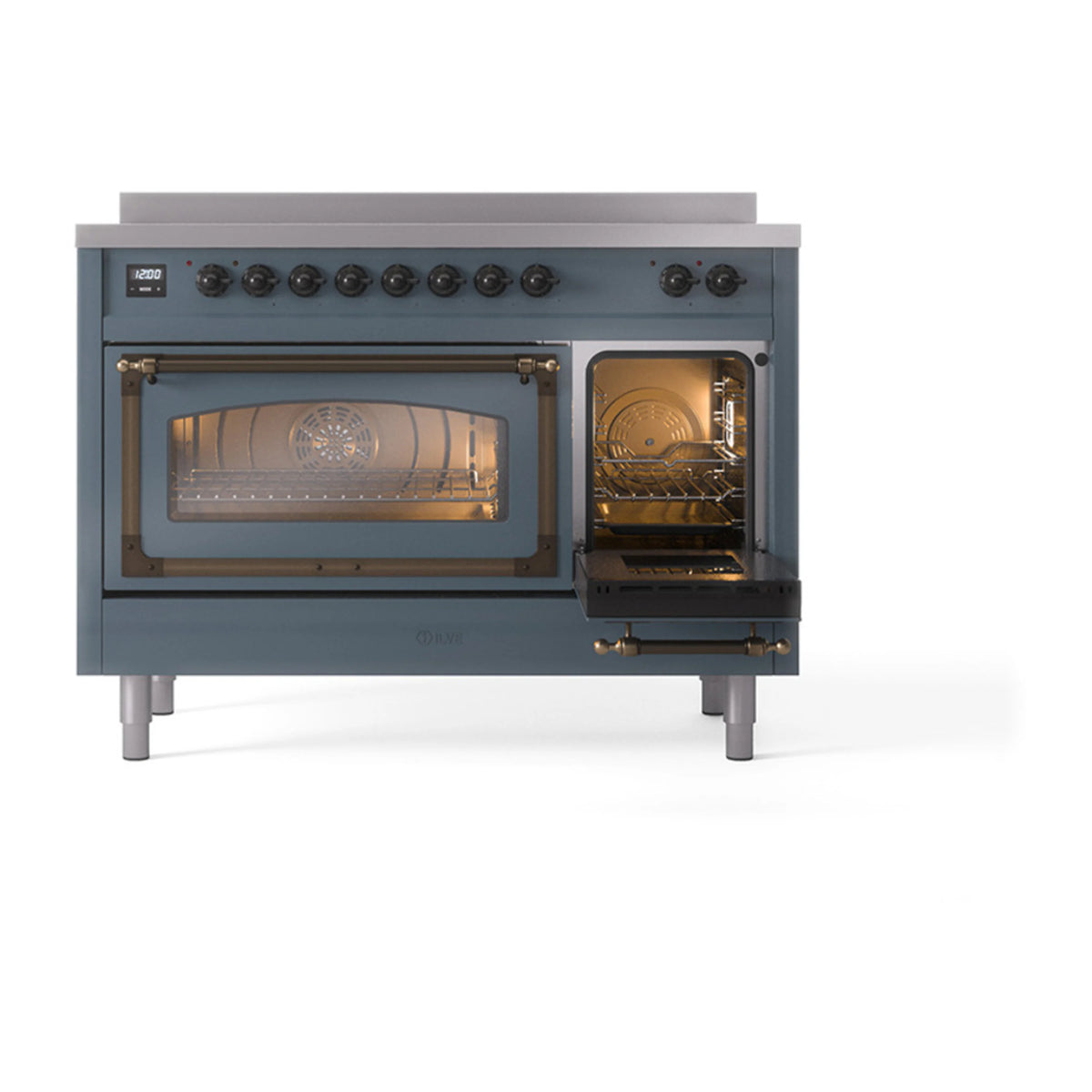 48-inch induction range with triple glass oven doors in blue-grey with bronze trim