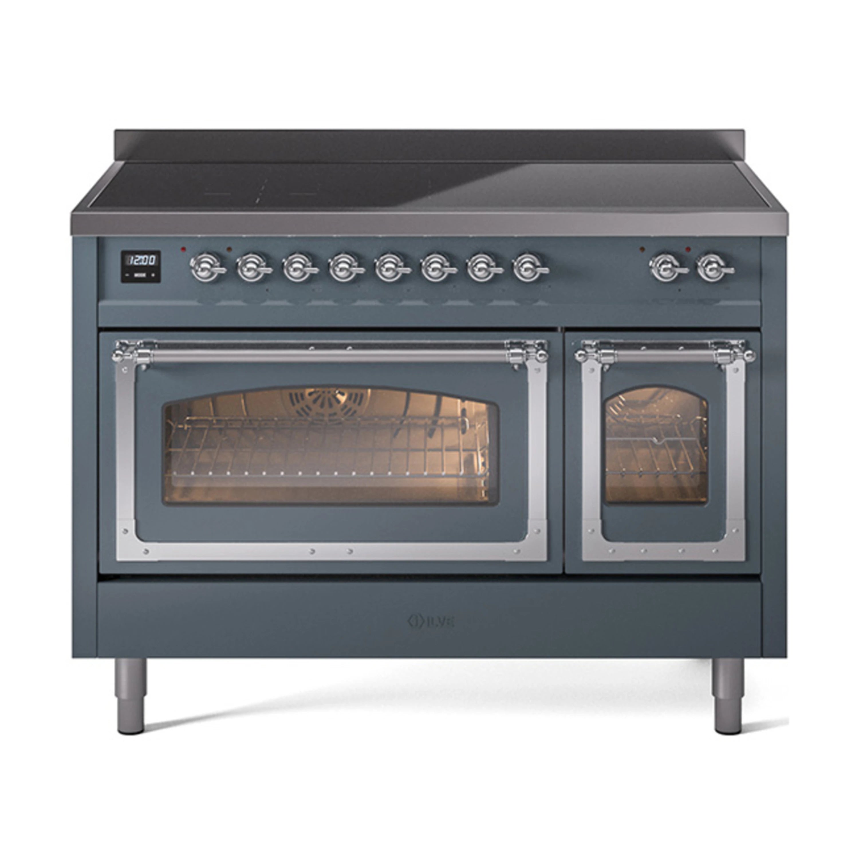 Blue-grey induction range front view with chrome-trimmed glass doors and lit ovens