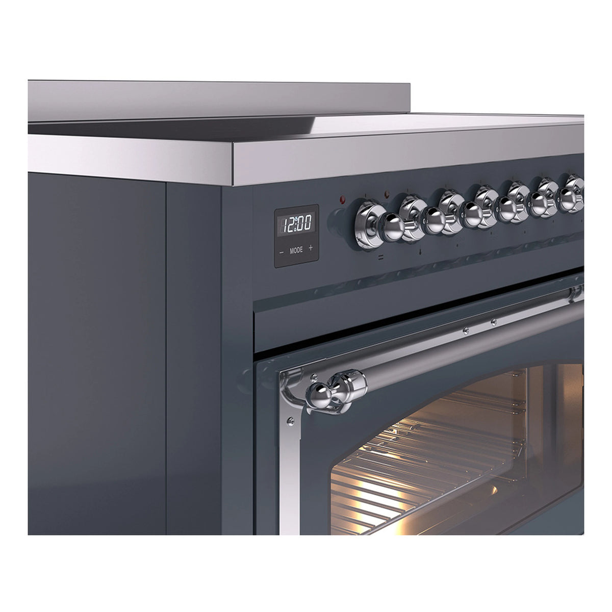 Control panel detail with blue-grey knobs, digital display, and oven handle