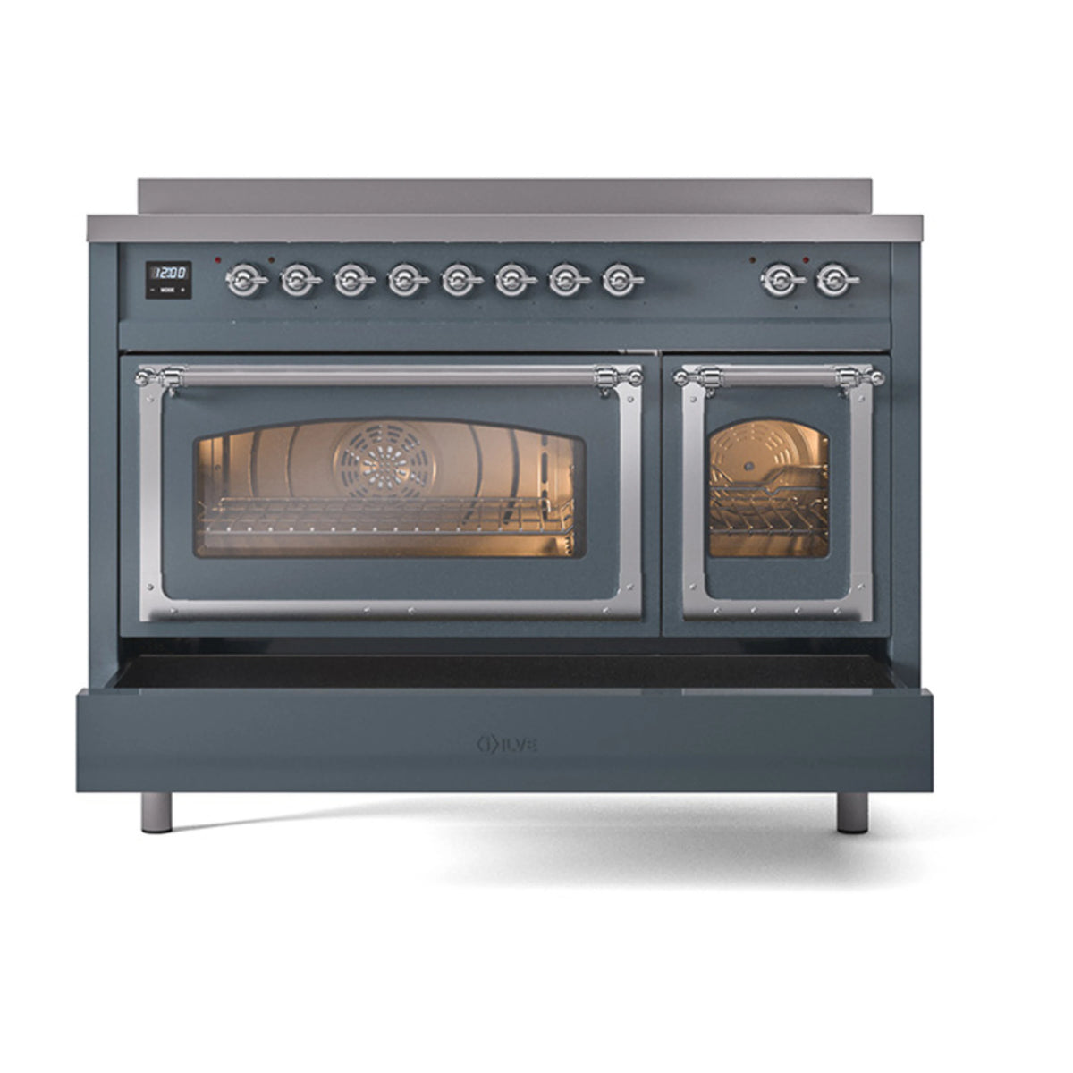 ILVE 48-inch induction range with blue-grey double ovens and triple glass doors