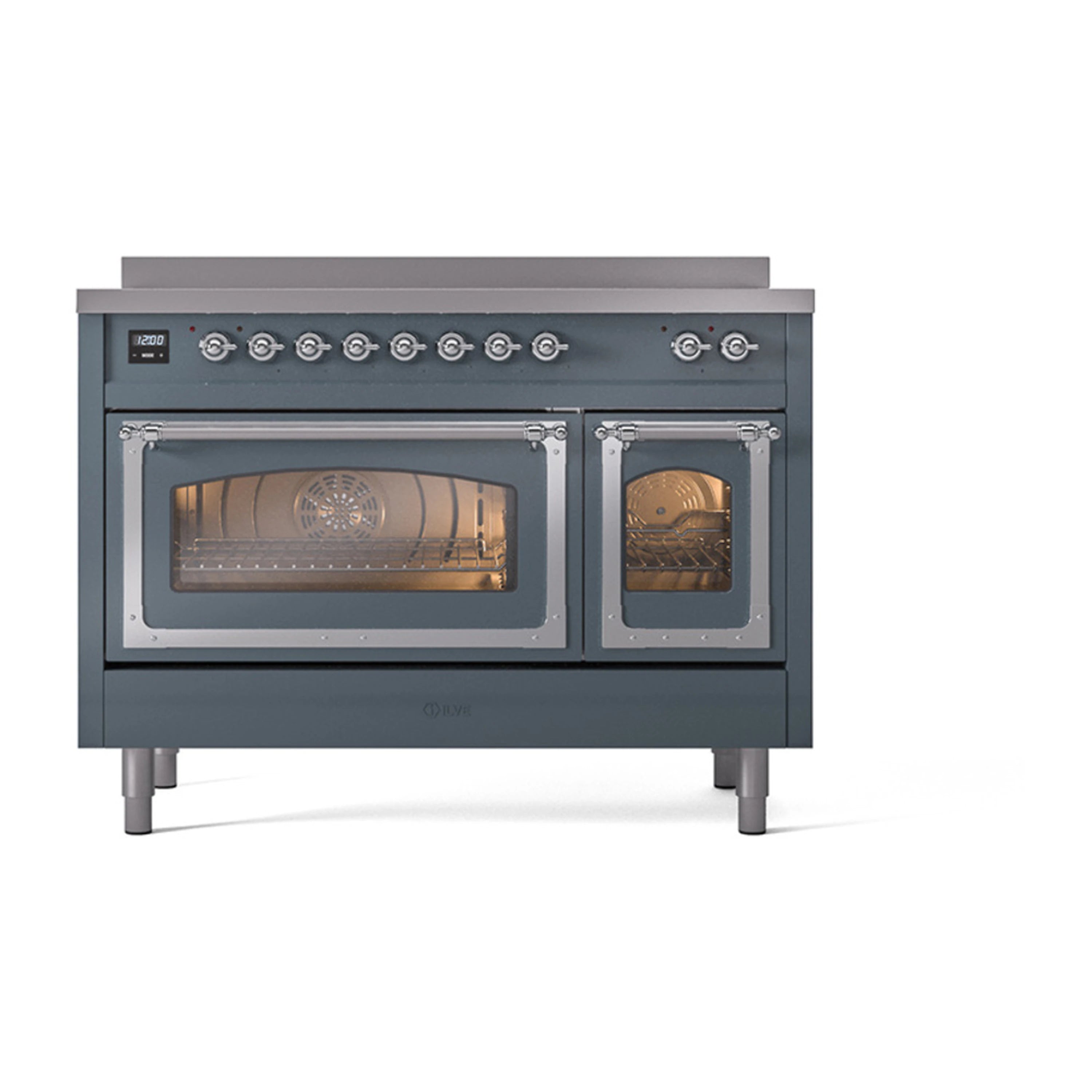 Blue-grey induction range front view with open oven glass doors and chrome trim