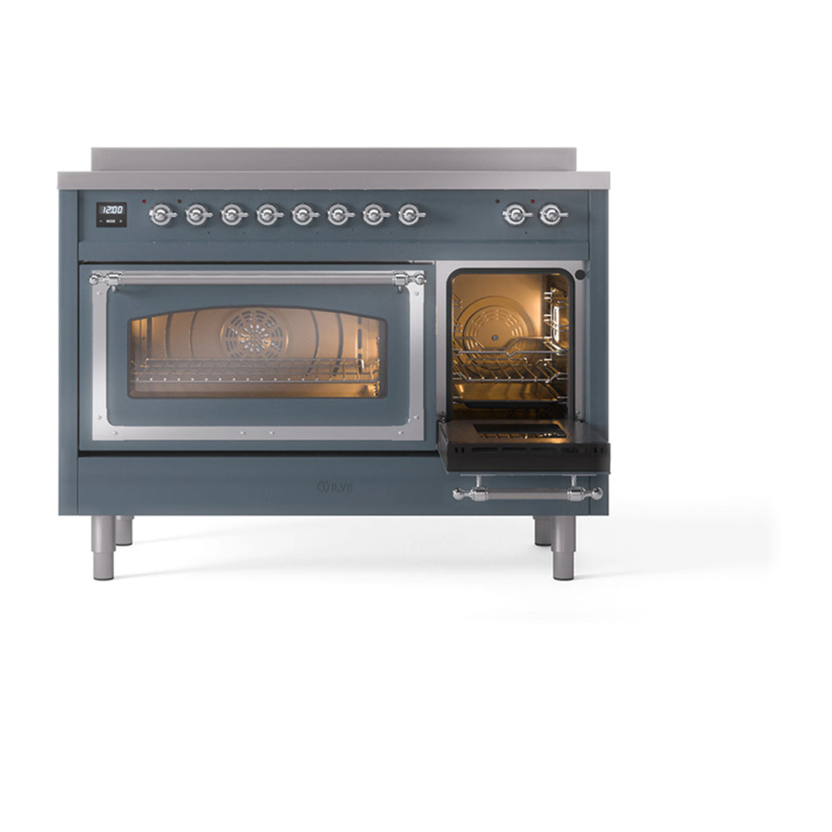 Blue-grey induction range with left oven lit, right glass door closed, chrome handles