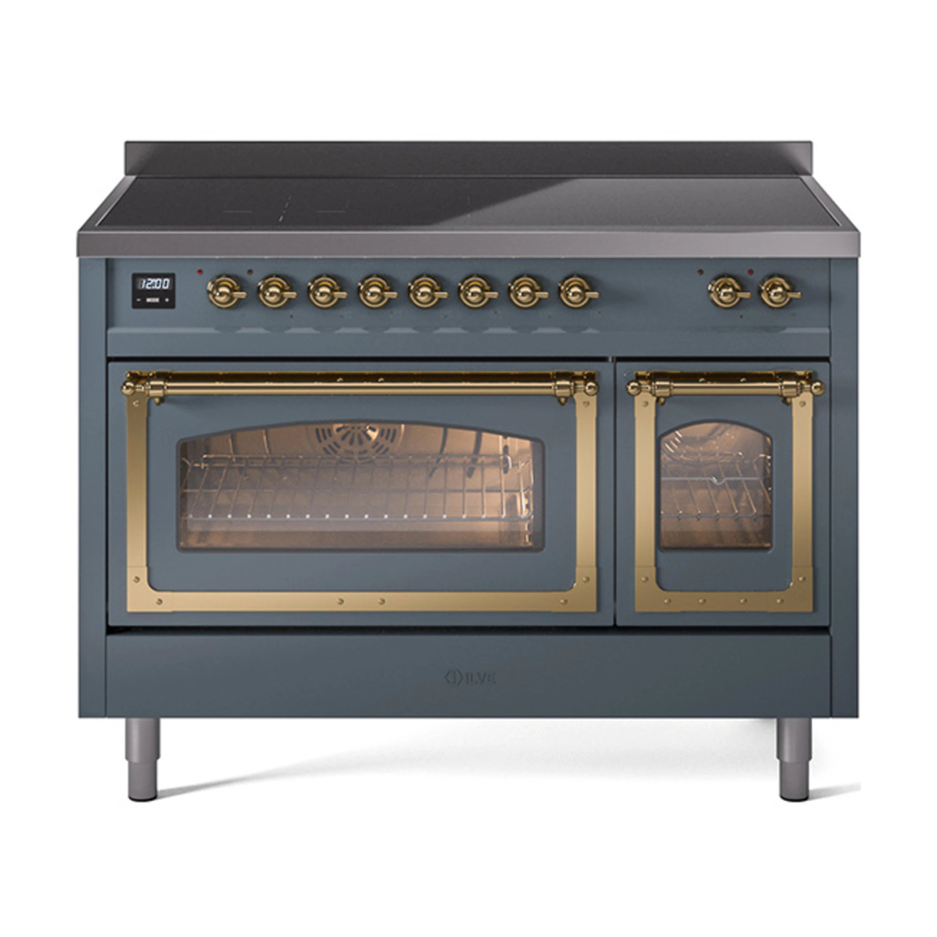 Blue grey induction range with open triple glass doors and brass trim, front view