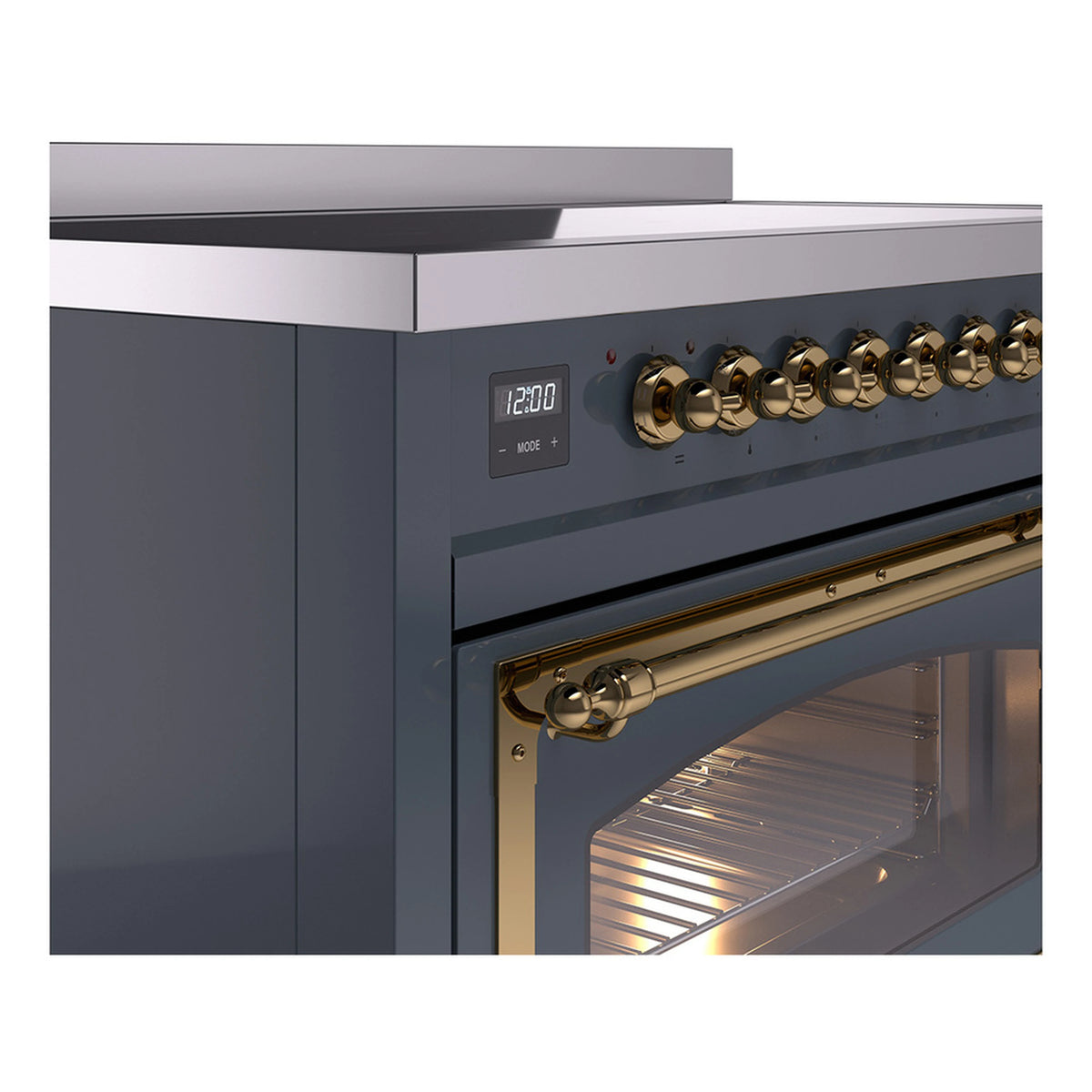 Close-up of blue grey induction range control panel with digital display and brass knobs